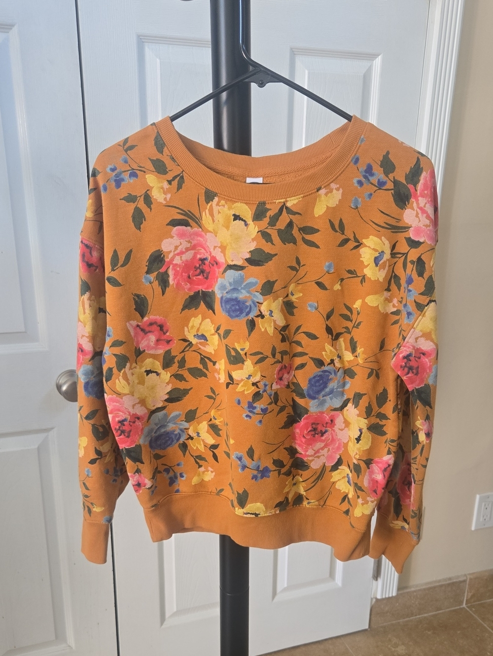 Mustard Floral Crewneck Sweater - Pink Blue Yellow Flowers S